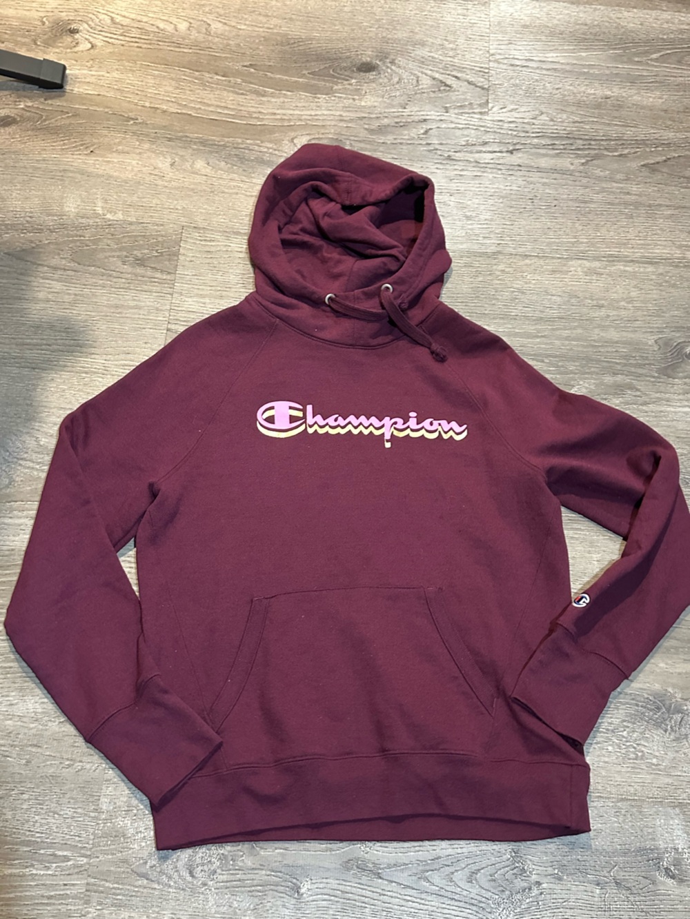 Champion Script Logo Pullover Hoodie Burgundy Maroon Size S